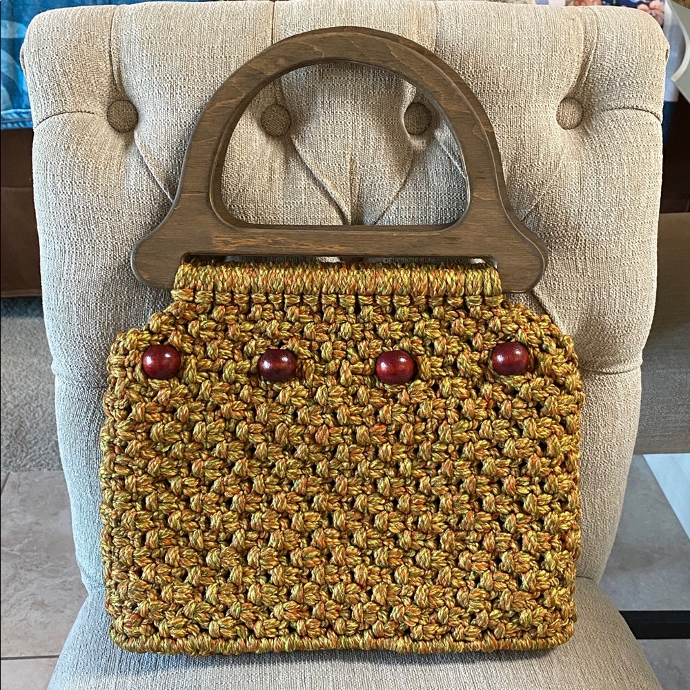 Unbranded Vintage Macrame Gold & Maroon Beautiful Purse with Wooden Handles